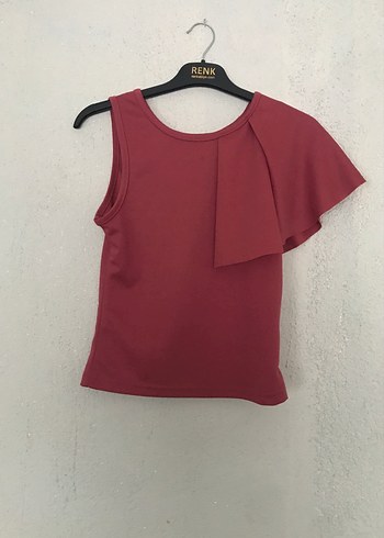 Bordo Drapeli Kolsuz Mini Bluz - Görsel 3