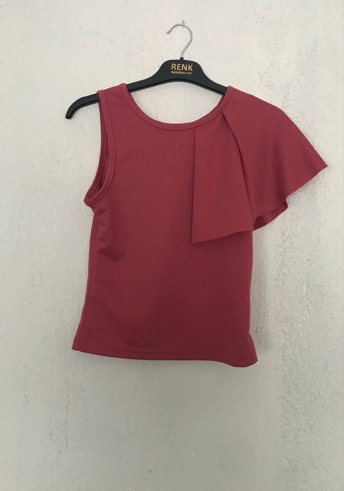 Bordo Drapeli Kolsuz Mini Bluz - Görsel 3