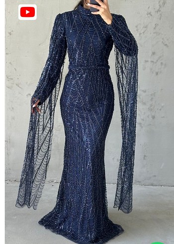 Lacivert İşlemeli Işıltılı Tesettür Abiye - Görsel 2