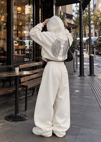 Zara Kanatli Ekru Kapusonlu Sweatshirt Rahat Etek Set