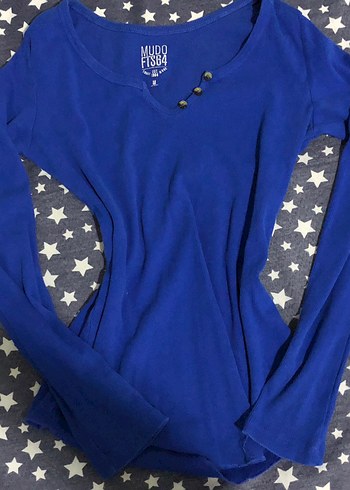 Düğmeli V Yaka Mavi Kadın bluz - Görsel 2