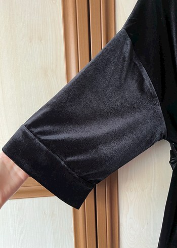 Siyah Midi Kadın Kadife Kruvaze kimono - Görsel 2