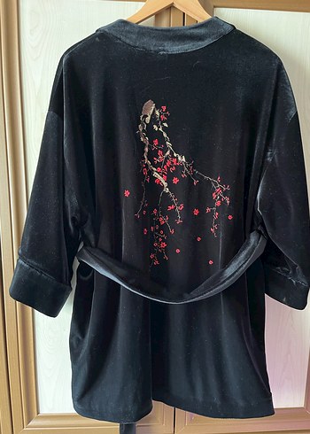 Siyah Midi Kadın Kadife Kruvaze kimono - Görsel 4