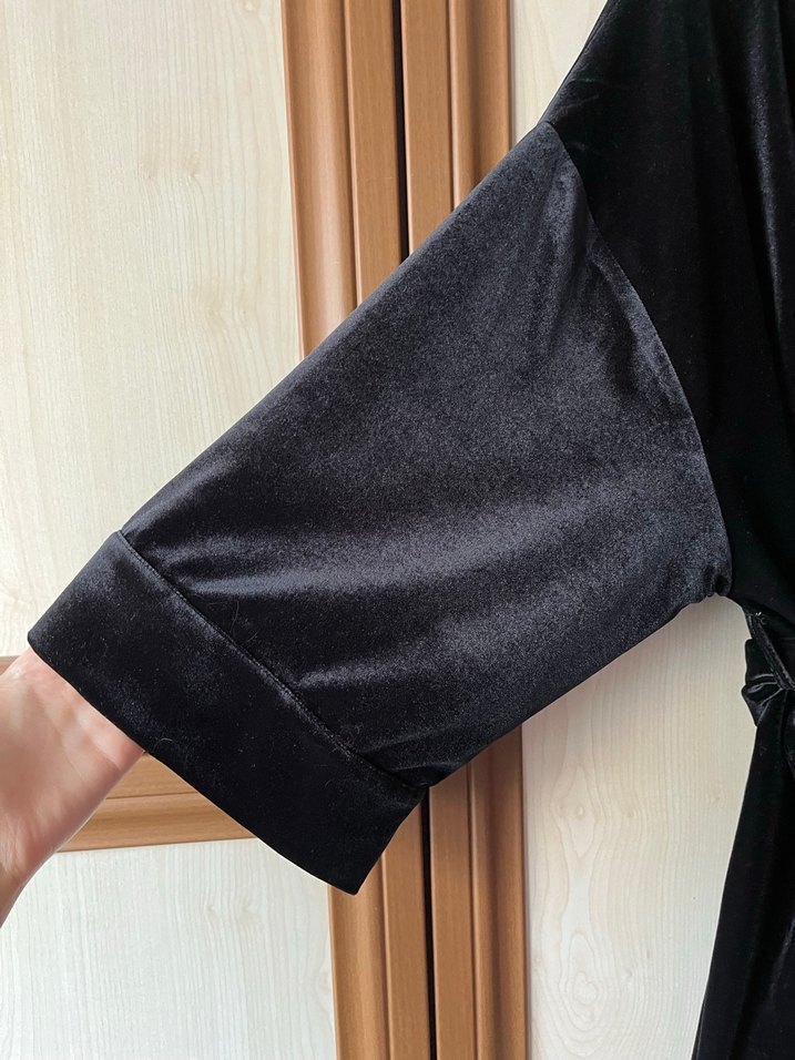 Siyah Midi Kadın Kadife Kruvaze kimono - Görsel 2