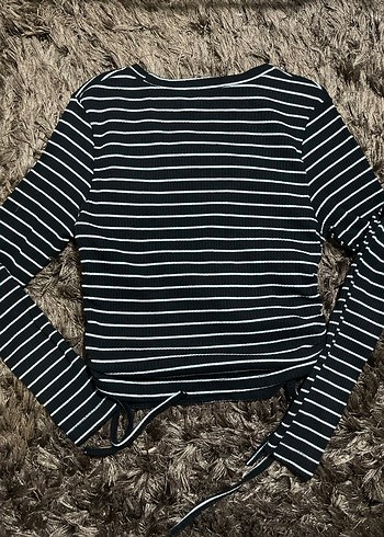 Çizgili Uzun Kollu Kadın Triko crop - Görsel 3