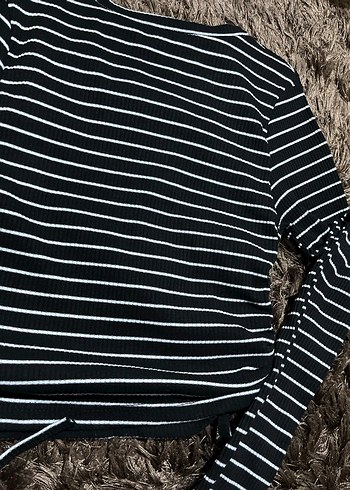 Çizgili Uzun Kollu Kadın Triko crop - Görsel 4