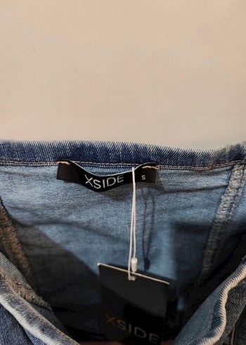 Kadın Denim Crop Top, Düğmeli, Kısa Kollu - Görsel 5