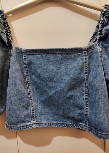 Kadın Denim Crop Top, Düğmeli, Kısa Kollu - Görsel 2