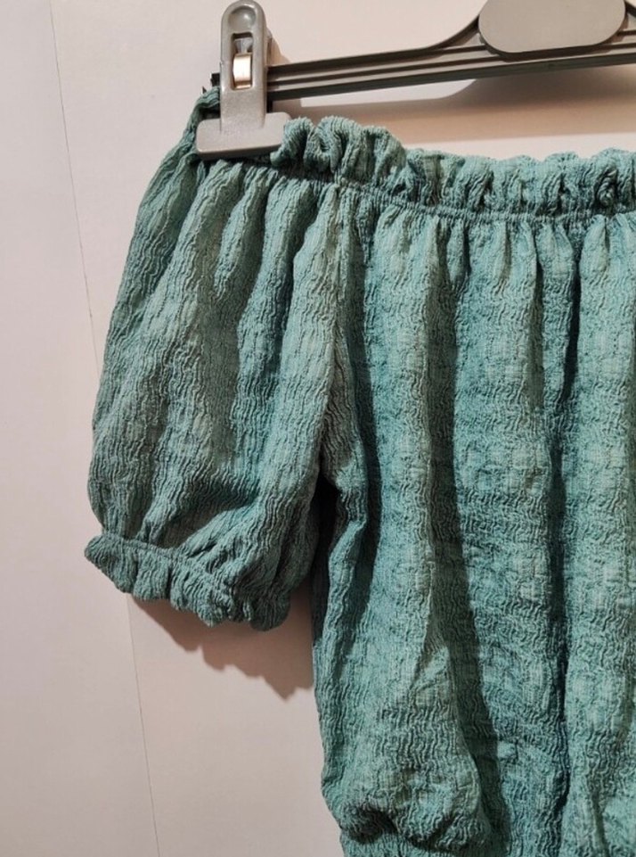 Bohem Turkuaz Kısa Kollu Straplez Bluz - Görsel 3