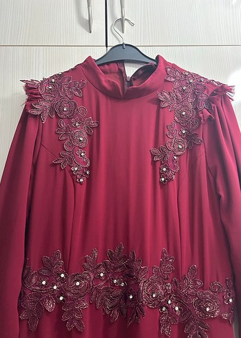 Bordo Uzun Kollu İşlemeli Abiye Elbise - Görsel 2