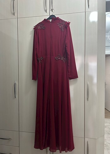 Bordo Uzun Kollu İşlemeli Abiye Elbise - Görsel 3