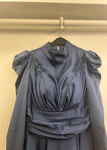 Lacivert V Yaka Uzun Kollu Abiye Elbise - Görsel 4