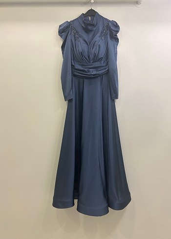 Lacivert V Yaka Uzun Kollu Abiye Elbise - Görsel 2