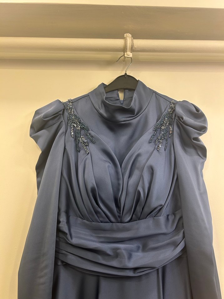 Lacivert V Yaka Uzun Kollu Abiye Elbise - Görsel 4