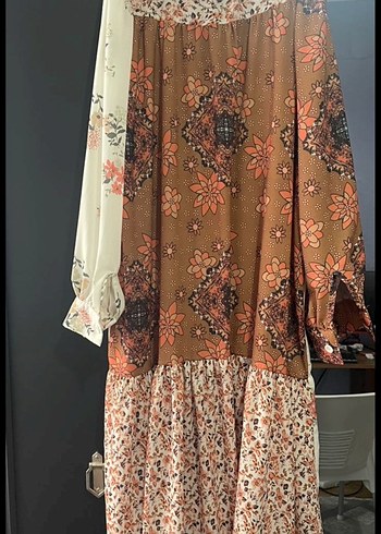 Desenli Bohem Uzun Elbise, Kahverengi, Uzun Kollu - Görsel 2