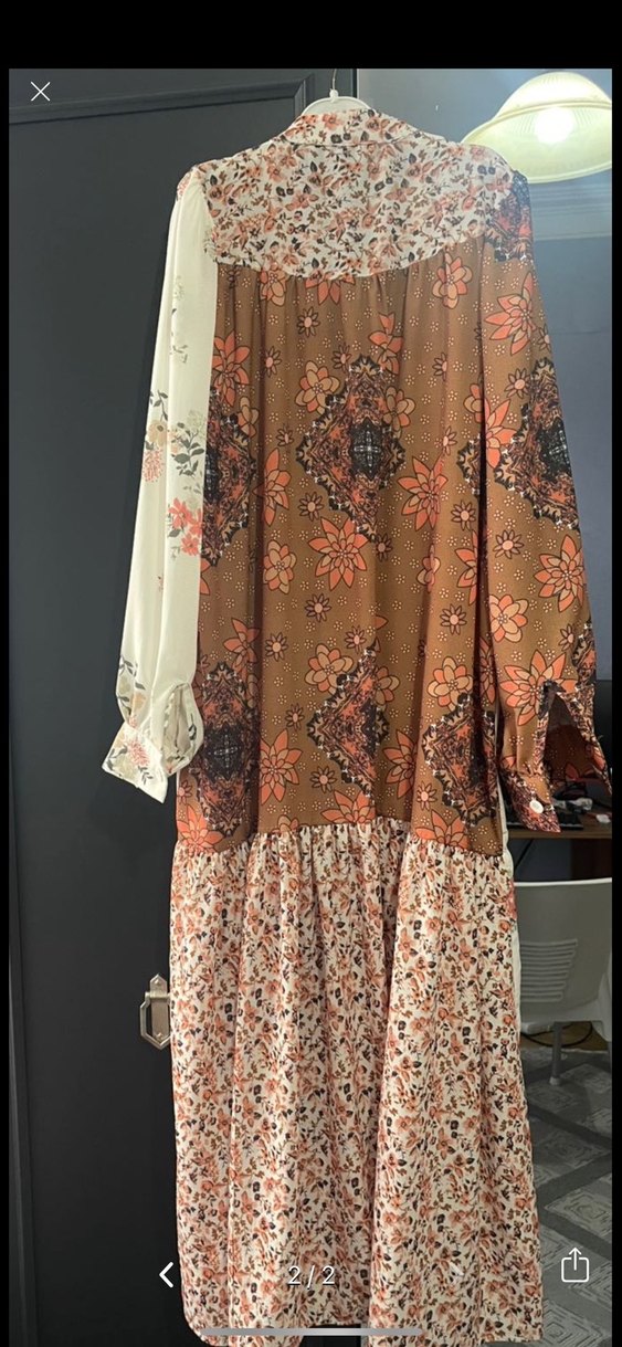 Desenli Bohem Uzun Elbise, Kahverengi, Uzun Kollu - Görsel 2