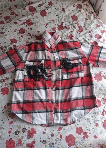 Kadın Kırmızı Gri Ekose Düğmeli Uzun Kollu Gömlek - Görsel 2