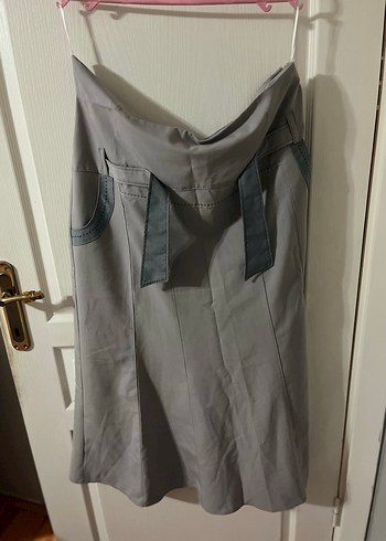 Gri Midi Kemerli Kadın Etek - Görsel 2