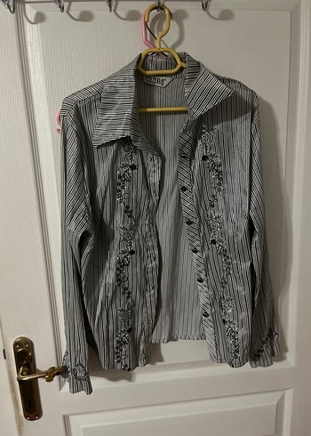 Gri Nakışlı Uzun Kollu Keten Gömlek - Görsel 4