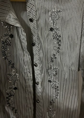 Gri Nakışlı Uzun Kollu Keten Gömlek - Görsel 7