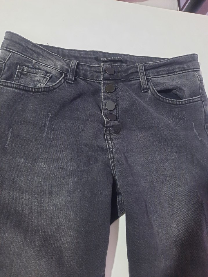 Gri Düğmeli Kadın Denim Pantolon - Görsel 2