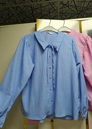 Mavi Keten Kadın Gömlek, Uzun Kollu, Düğmeli - Görsel 3