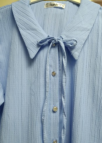 Mavi Keten Kadın Gömlek, Uzun Kollu, Düğmeli - Görsel 2