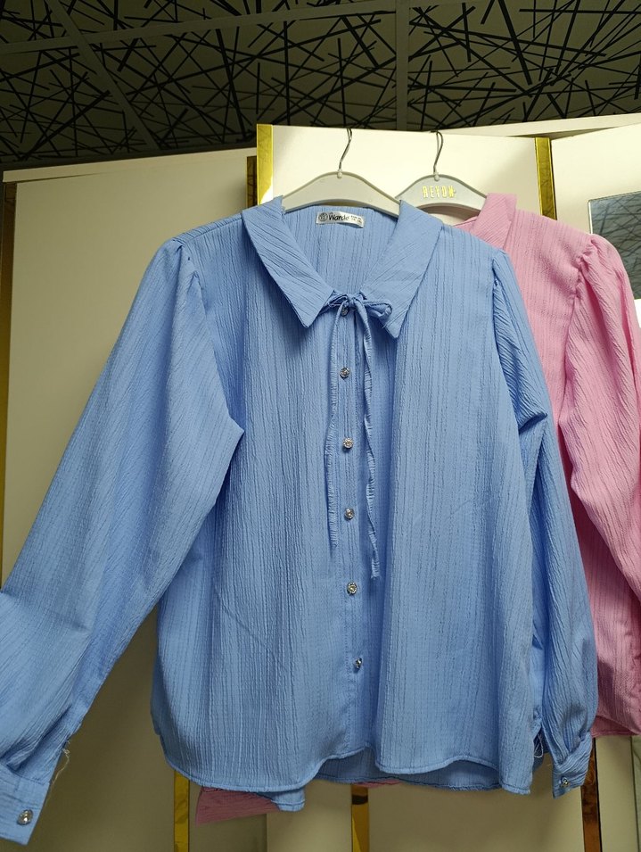 Mavi Keten Kadın Gömlek, Uzun Kollu, Düğmeli - Görsel 3