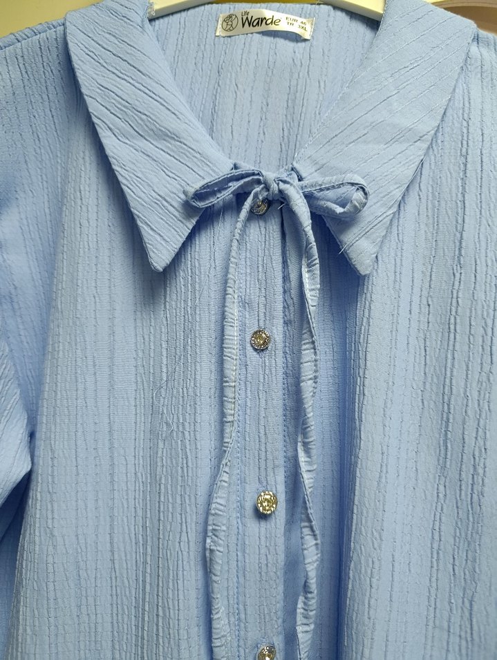 Mavi Keten Kadın Gömlek, Uzun Kollu, Düğmeli - Görsel 2
