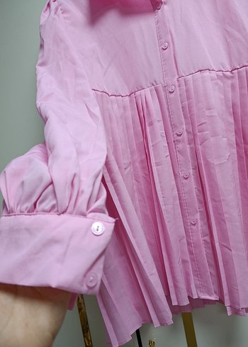 Pembe Pileli Keten Kadın Gömlek - Görsel 2