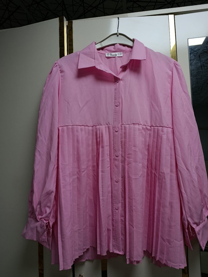 Pembe Pileli Keten Kadın Gömlek - Görsel 3