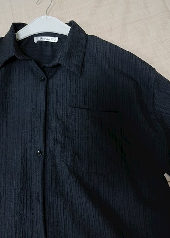 Siyah Keten Uzun Kollu Düğmeli Kadın Gömlek - Görsel 4