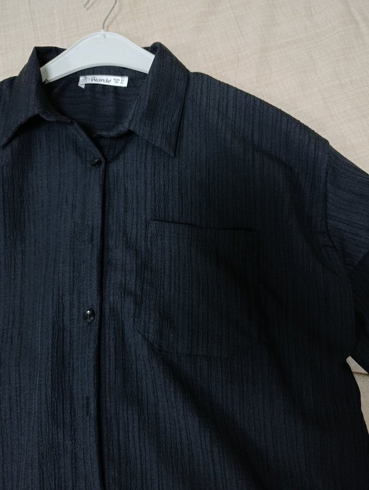 Siyah Keten Uzun Kollu Düğmeli Kadın Gömlek - Görsel 4