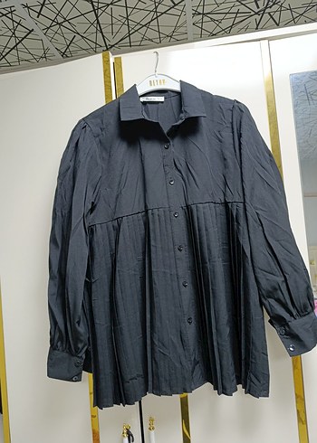 Kadın Siyah Pilili Uzun Keten Gömlek - Görsel 4