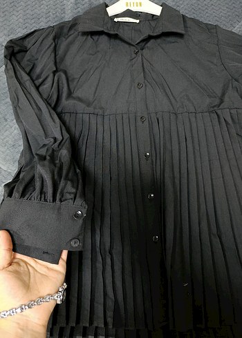 Kadın Siyah Pilili Uzun Keten Gömlek - Görsel 3