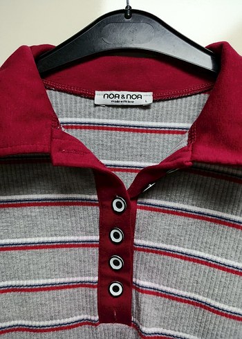 Kırmızı Yaka Detaylı Çizgili Uzun Kollu Kadın Crop - Görsel 3