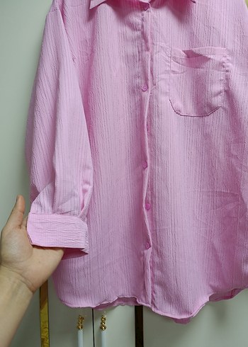 Pembe Keten Uzun Kollu Düğmeli Gömlek - Görsel 2