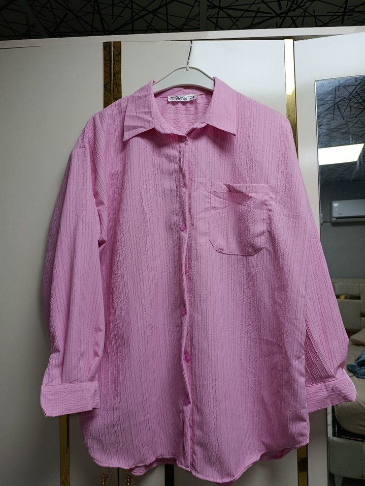 Pembe Keten Uzun Kollu Düğmeli Gömlek - Görsel 3