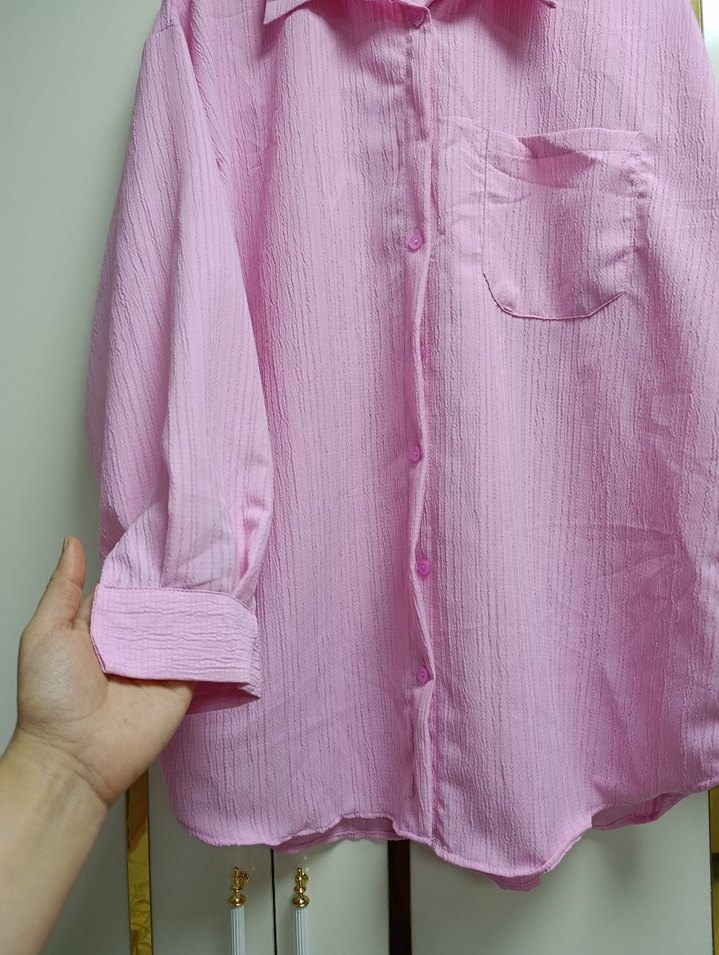 Pembe Keten Uzun Kollu Düğmeli Gömlek - Görsel 2