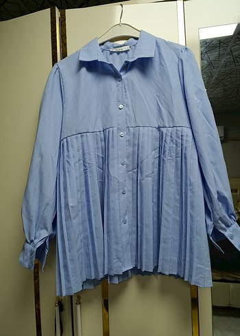 Mavi Pliseli Keten Kadın Gömlek - Görsel 2