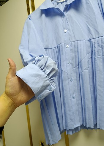 Mavi Pliseli Keten Kadın Gömlek - Görsel 3