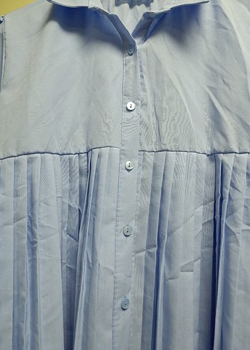 Mavi Pliseli Keten Kadın Gömlek - Görsel 4