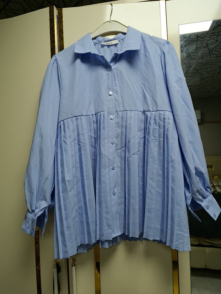 Mavi Pliseli Keten Kadın Gömlek - Görsel 2