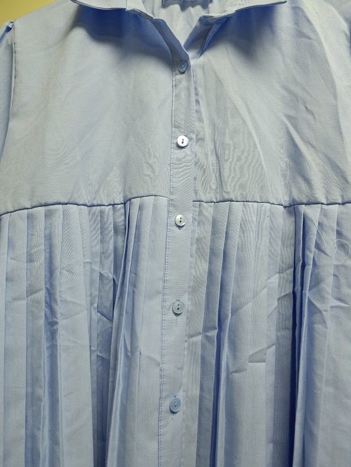 Mavi Pliseli Keten Kadın Gömlek - Görsel 4