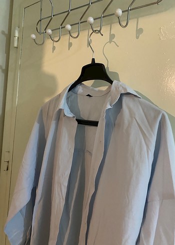 Mavi Kadın Keten Gömlek, Uzun Kollu, Düğmeli - Görsel 2