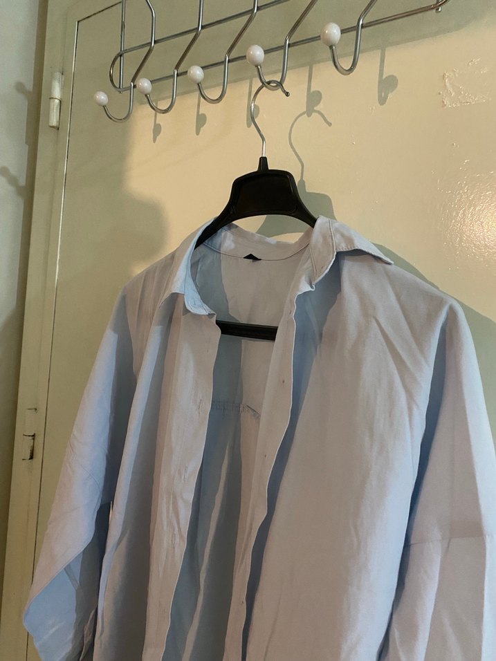 Mavi Kadın Keten Gömlek, Uzun Kollu, Düğmeli - Görsel 2