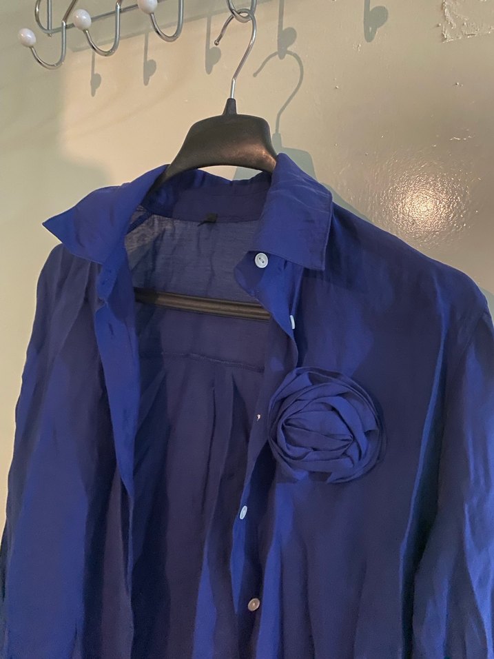 Düğmeli Lacivert Keten Kadın Gömlek - Görsel 2