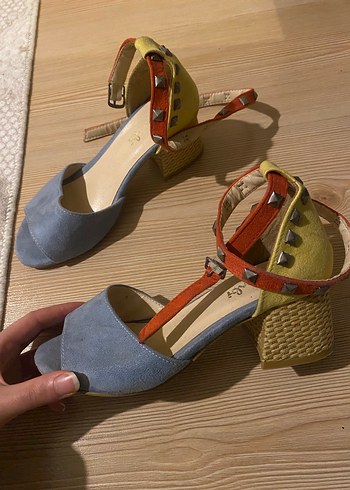 Mavi Süet Tokalı Kadın Topuklu Sandalet - Görsel 2