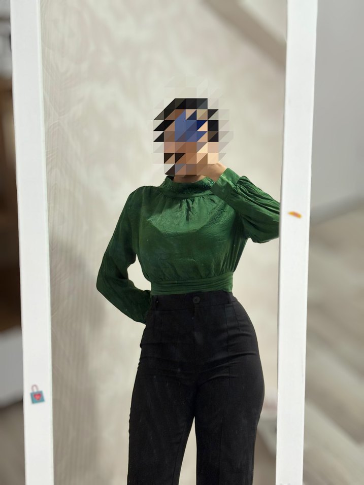 Yeşil, Uzun Kollu, Düğmeli Kadın Bluz - Görsel 2