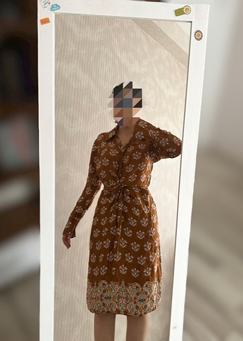 Bohem V Yaka Uzun Kollu Kahverengi Elbise - Görsel 2